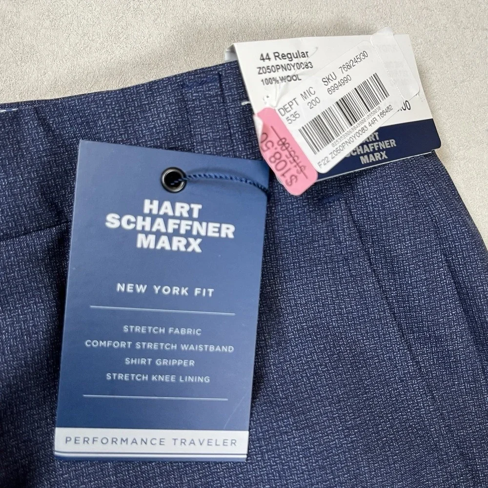 New Hart Schaffner Marx Mens Blue New York Fit Performance Traveler Pants Sz 44R